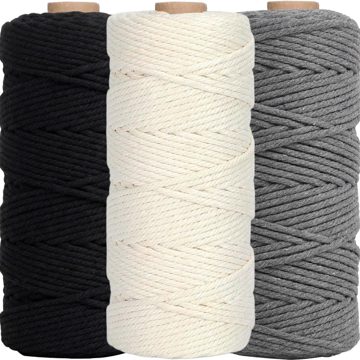 3 stuks macramégaren, 3 mm x 100 m, kleurrijk macramékoord, doe-het-zelf natuurlijk garen, katoenen koord, voor wandplant en handwerk, wit grijs zwart