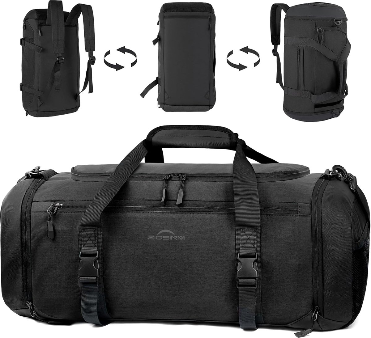 Sporttas voor heren + rugzakfunctie, 36 liter, reistas voor dames, sporttas voor dames met schoenenvak, nat vak en warmte-isolerend vak, gymtas voor fitness, reizen, zwemmen en sport, zwart