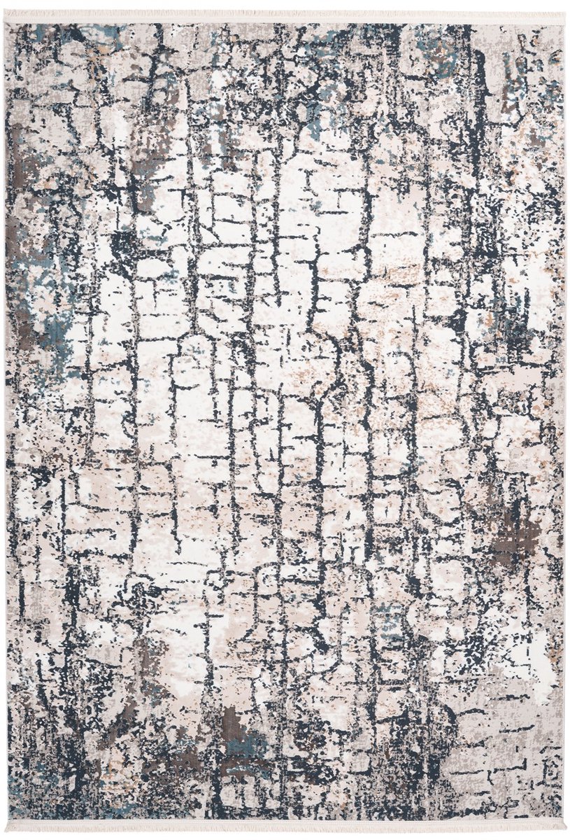 Padiro laagpolig vloerkleed 80 x 150 cm - grijs / blauw - vintage-look - met franjes - geschikt voor vloerverwarming - van polyester