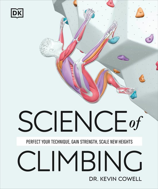 Boekomslag 'Science of Climbing' met anatomische illustratie van klimmer en titel.