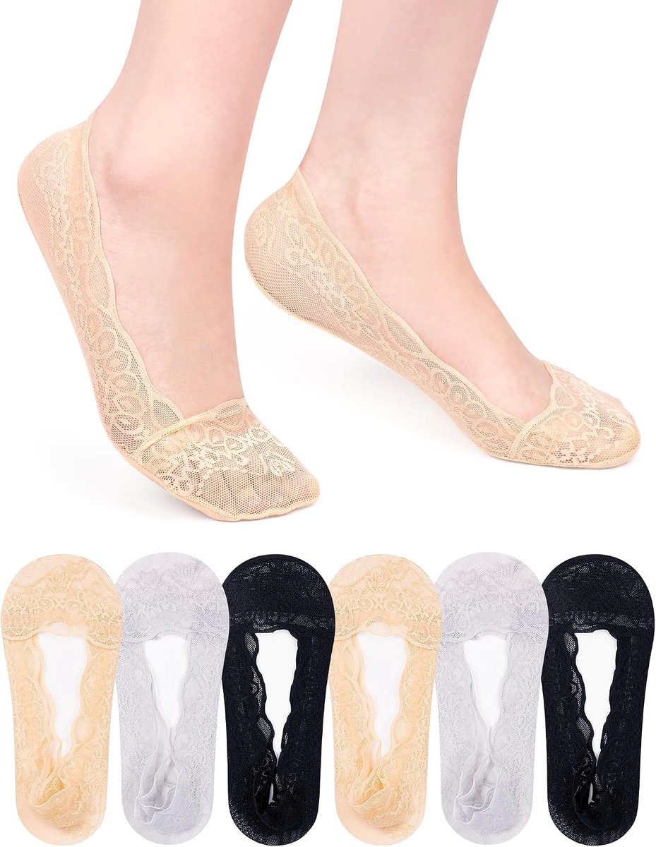 Sokken voor dames, ballerina, ademende kanten sokken met antislip siliconen