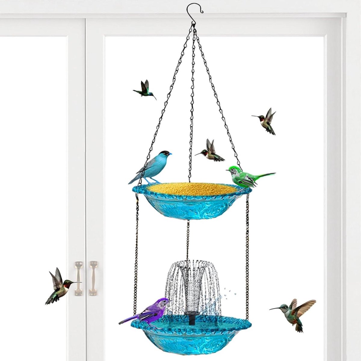 Vogelfontein met bad - Tuindecoratie met voederhuisje - Vogels lokken - Werkt op zonne-energie - 70 x 235 cm - Blauw