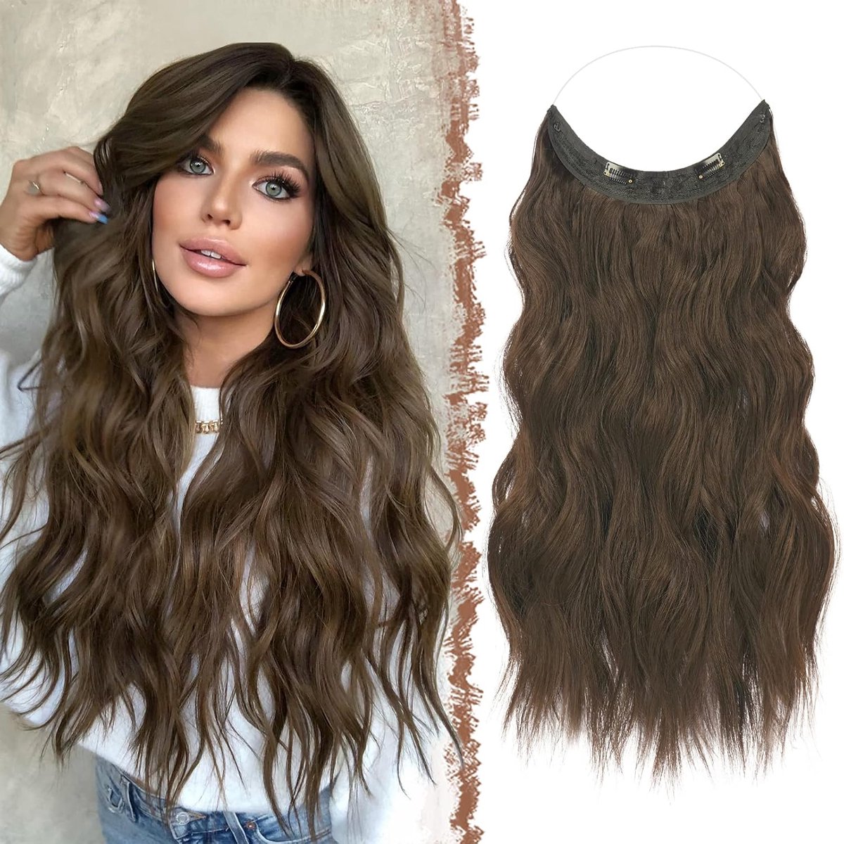 Secret Wire Hair Extensions - Krullend Golvend Lang Kastanjebruin Haarverlenging Onzichtbare Haarverlengingen Synthetisch Haarstukjes voor Vrouwen, 50 cm