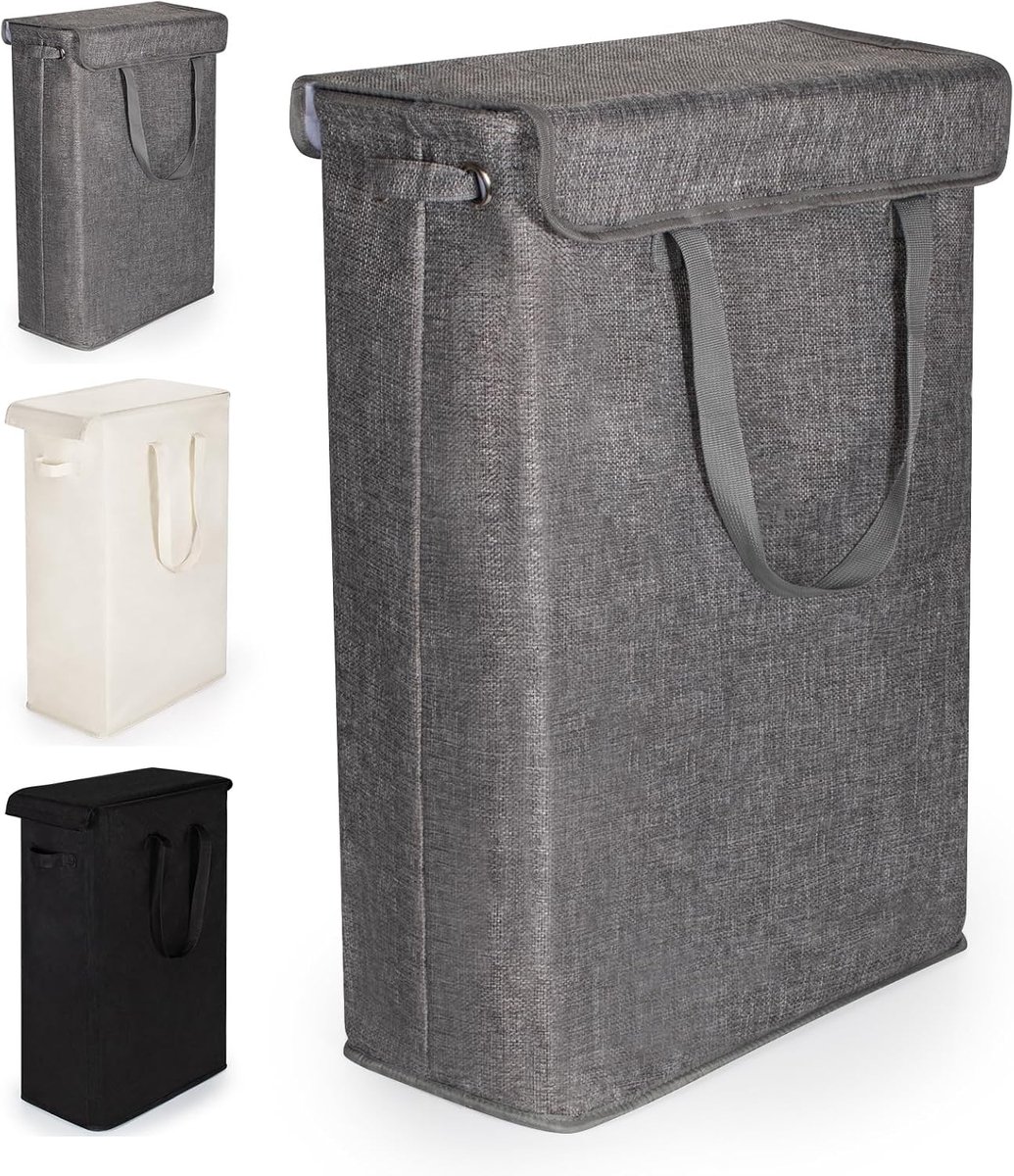 Wasmand met Deksel 46L Wasverzamelaar met Lange Handgreep Opvouwbare Dunne Wasmachine Multifunctioneel Opbergmand, Afneembare Deksel, Voor Wasruimte, Slaapkamer, Badkamer (Grijs)