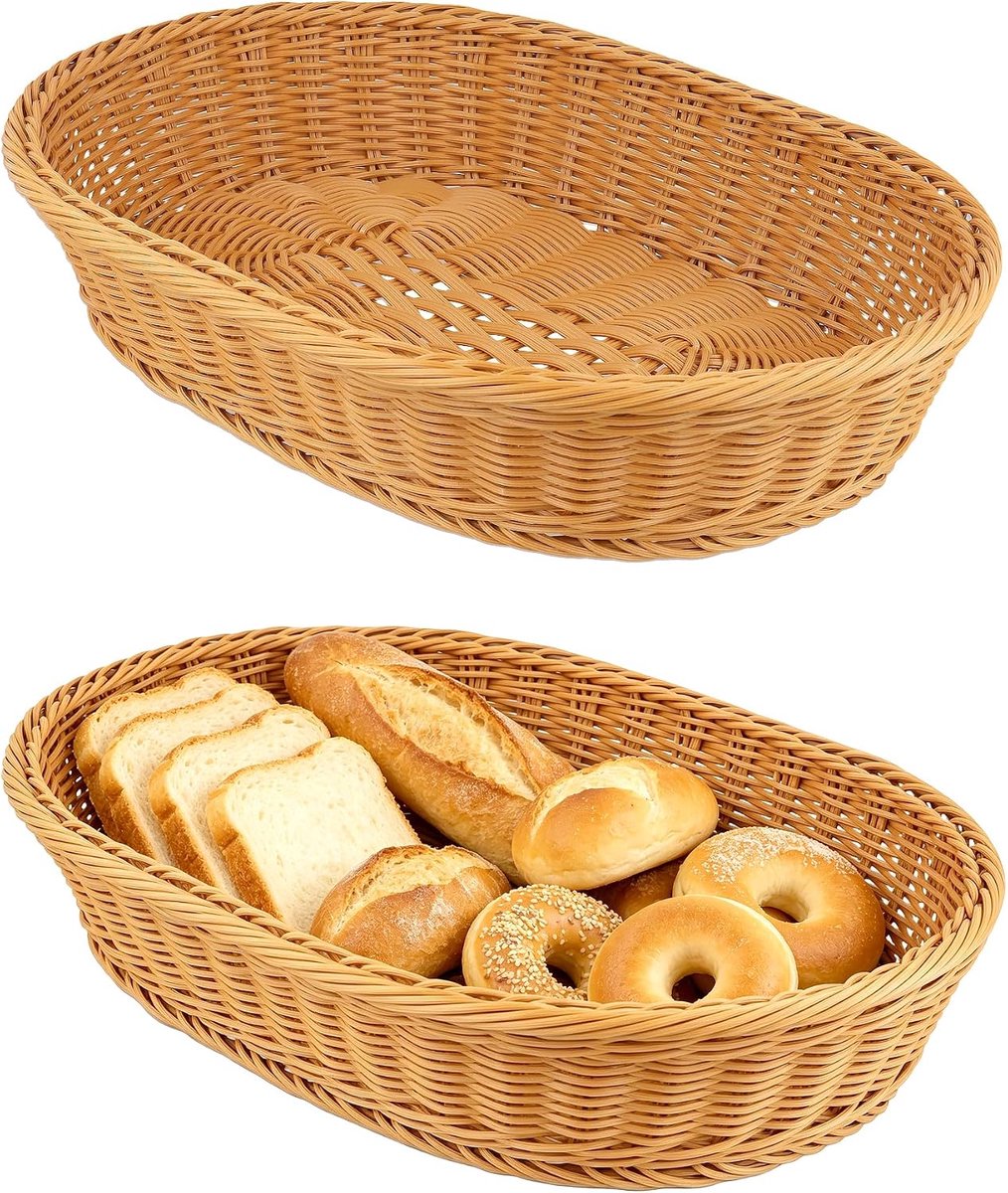 2 stuks broodmand ovaal gevlochten, 40 x 30 x 8 cm, grote broodmand van kunststof in rotanlook, wilgenmand voor brood, groenten, gebak, snacks en chips, bruin