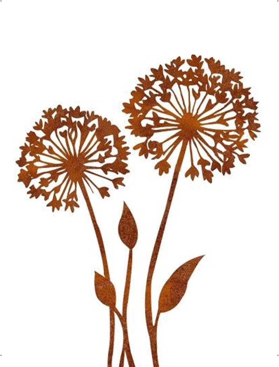 Tuinpen van roestig metaal, paardenbloem, decoratie, tuin, buiten, bloem van cortenstaal, voor gazon, terras, balkon, vintage