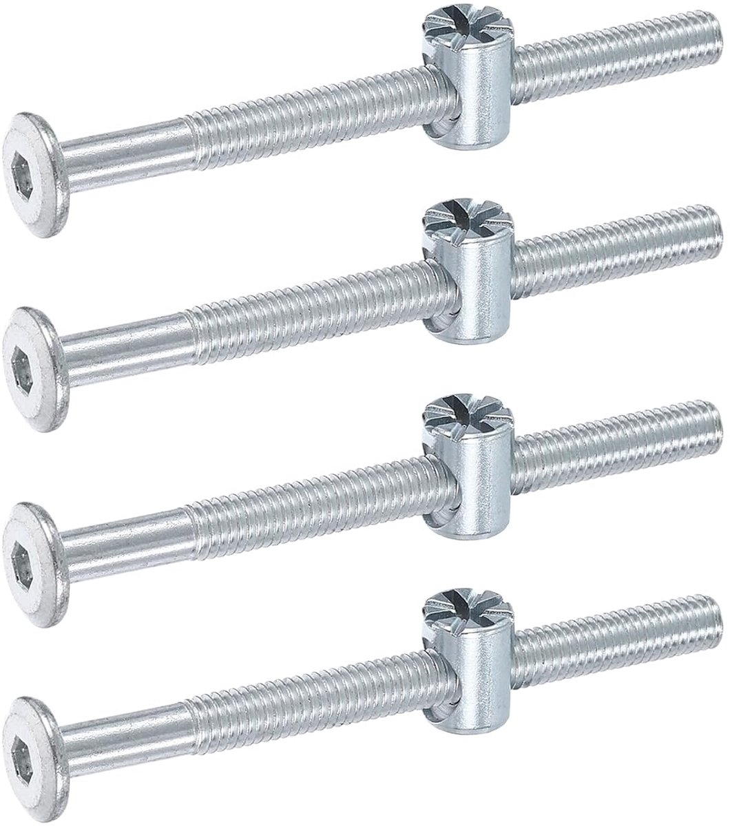 4 stuks bedframeschroeven, M6 x 75 mm, binnenzeskantschroeven, bevestigingsmoeren, stapelbed, schroeven, meubelschroeven met rijstvormkop, fittingsmoer, voor stoelen, kinderbedden, zilver