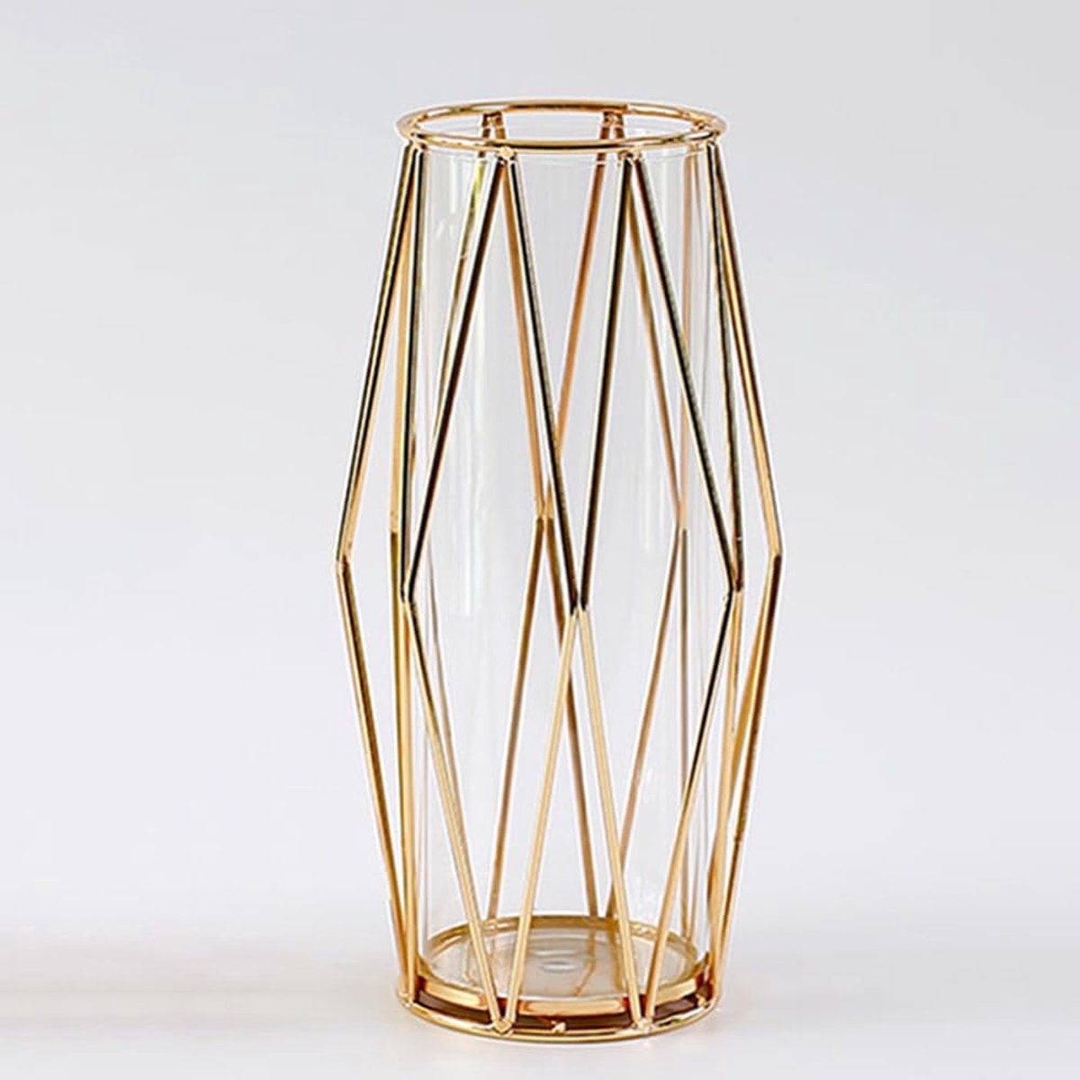 Cilindrische glazen vaas 28 cm - met metalen houder - goudkleurig - ideaal voor pampasgras en bloemen - SnelShoppen