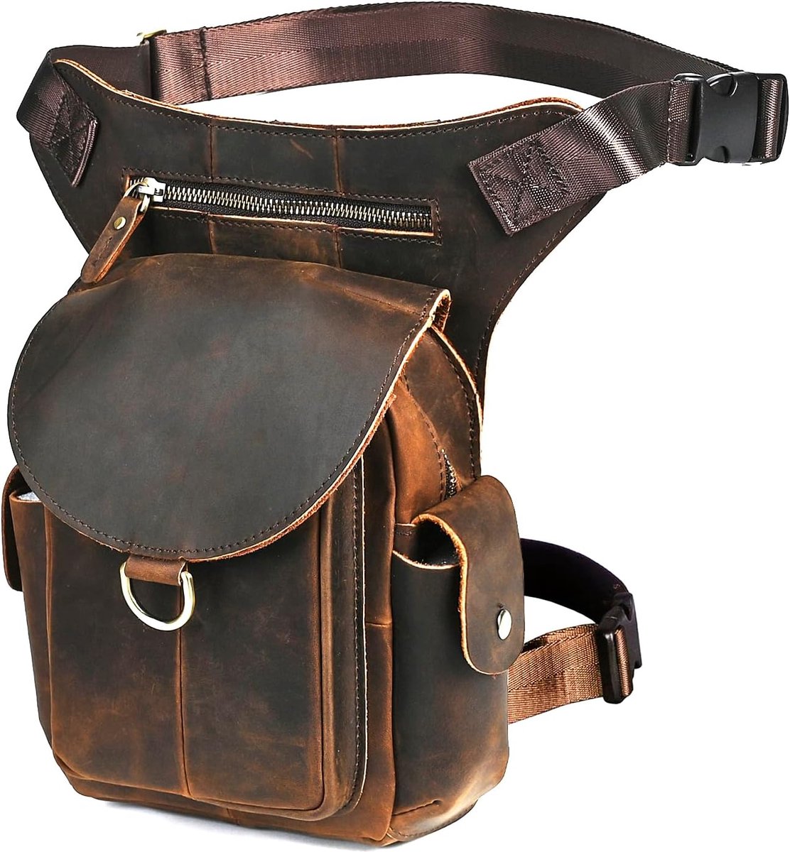 Canvas Plus Lederen Motorfiets Fanny Taille Pack Een Schouder Drop Been Dij Tas Voor Mannen Vrouwen N211-8, Z-9938-100% LEER, Medium, Vintage Retro Stijlvolle Straat Gratis