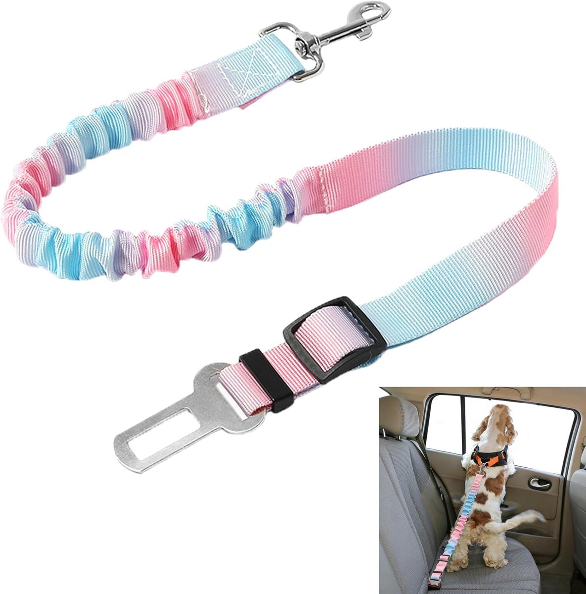 autogordel voor honden, 1 stuk, blauw roze kleurverloop, verstelbare hondenriem, geschikt voor alle soorten huisdieren en voertuigmodellen