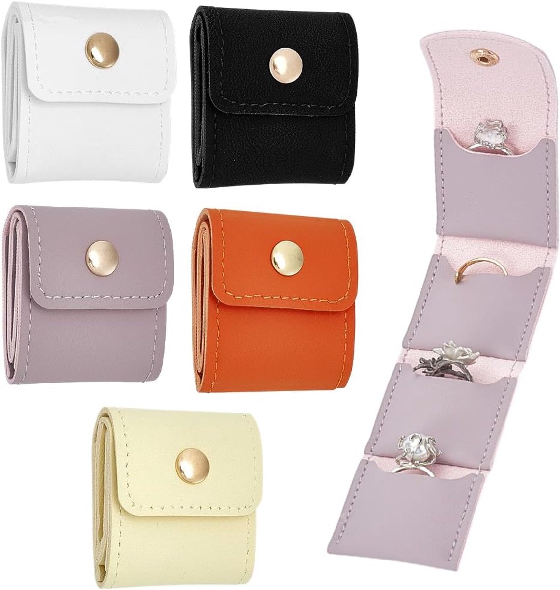 5Pcs 5 Kleuren Mini Reizen Sieraden Tas, Draagbare Kleine Reizen Sieraden Organizer Case PU Lederen Opvouwbare Sieraden Roll Opbergzakje voor Kettingen Armbanden Oorbellen Ringen Broches