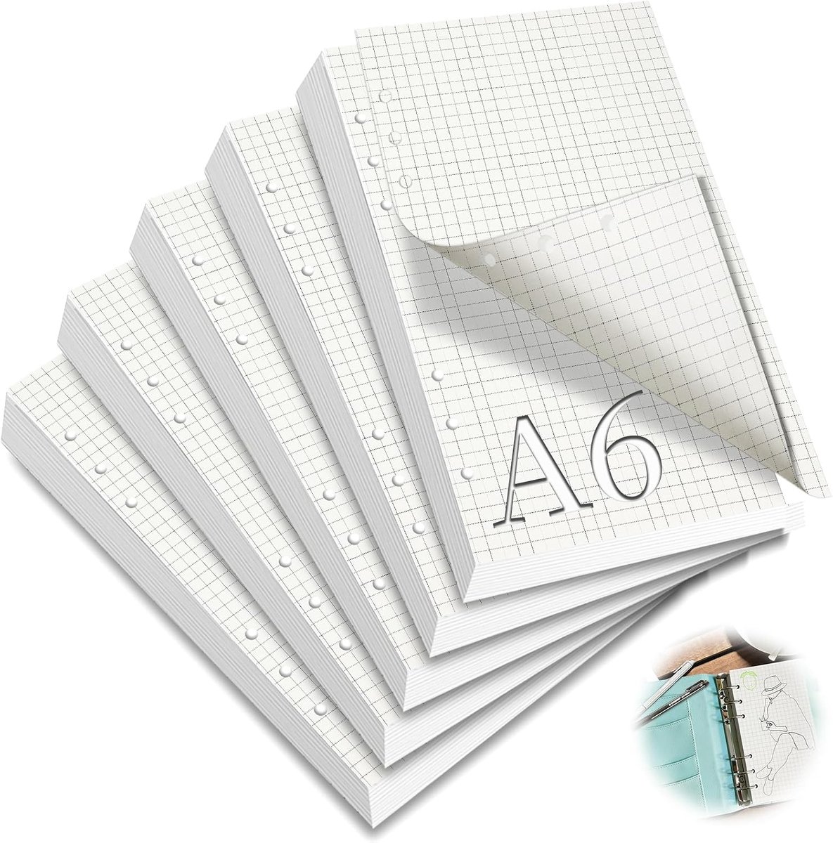 Navulpapier, A6-formaat, navulbaar, geruit, navulpapier, 6 gaten, navulpapier, 300 vellen, notitiepapier voor dagboek, notitieboek, schets, schilderkalender