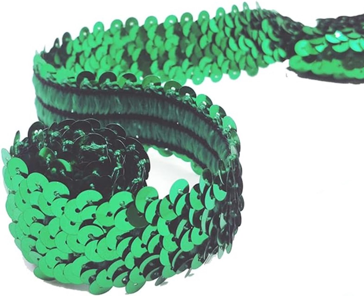 Paillettenboord, 3 rijen, glanzende brede paillettenband, kleurrijke paillettenband, paillettenband, om op te naaien, stretch, glitter, decoratieband voor doe-het-zelf handwerk, groen
