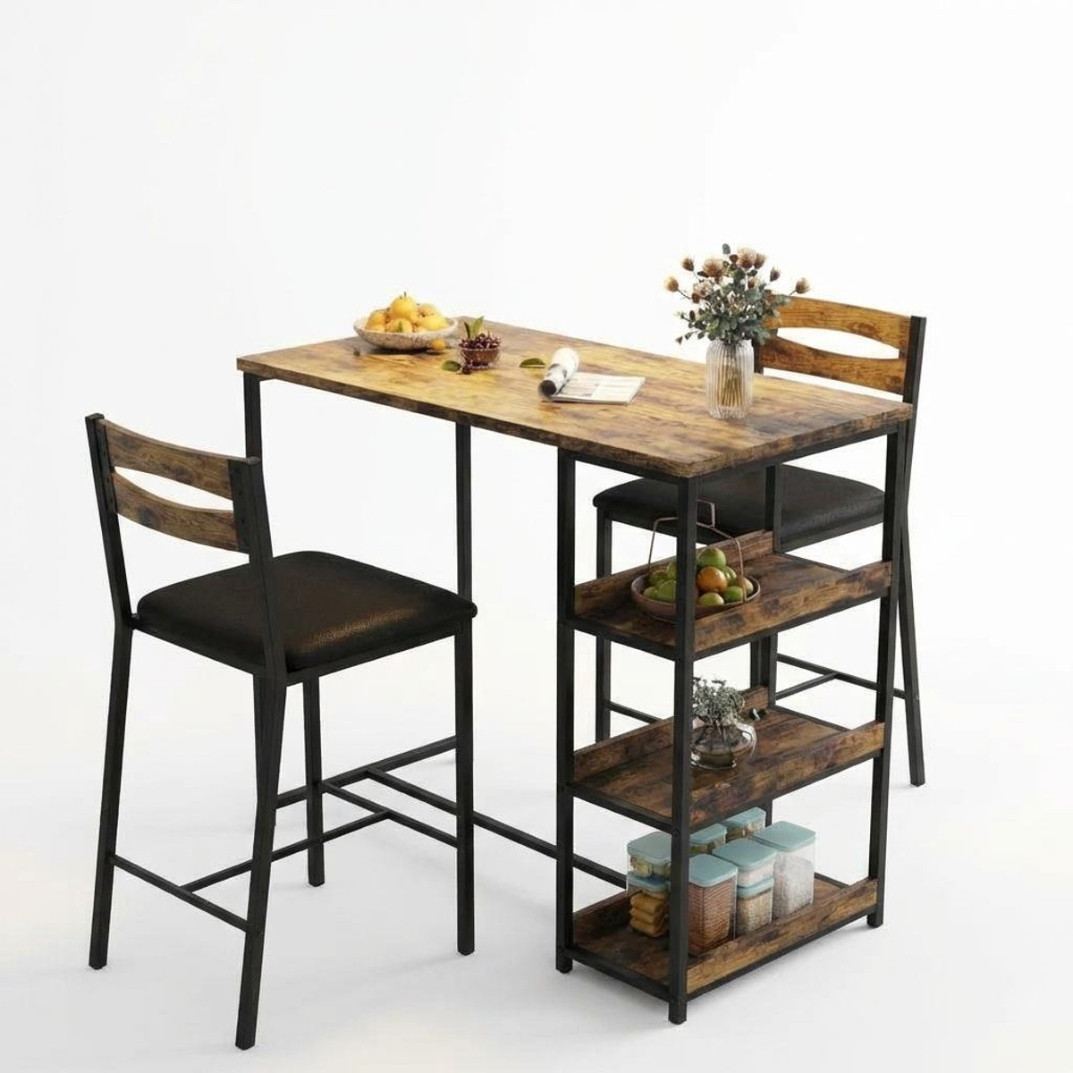 Ruimtebesparende 3‑delige bartafelset voor 2 personen – tooghoogte eettafel met 3‑laags opbergschap en wijnrek – gestoffeerde krukken