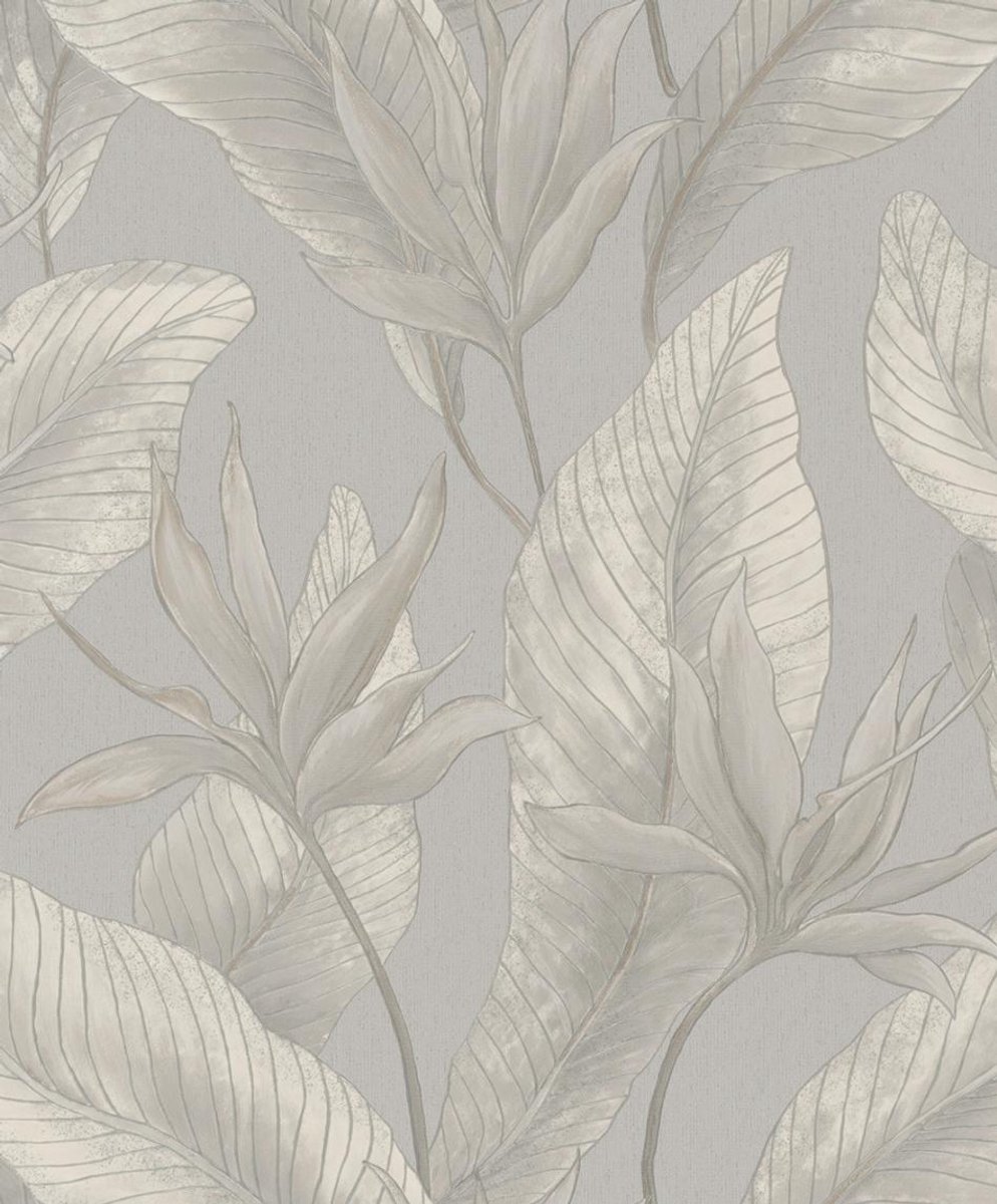 Behang - Bladeren - Luxe Structuur - Grijs Zilver - Metallic Glans - Hotel Chique - Vliesbehang - Woonkamer Slaapkamer - 0,53 x 10,05 M – Whisper
