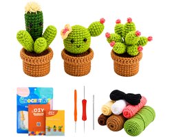 Crafsly Haakpakket Cactussen Voor Beginners - Amigurumi Haakset Cactussen – Complete DIY Haak Kit met Videobegeleiding – Inclusief Materialen & Engelse Handleiding – 3 Gehaakte Cactusjes - Crochet