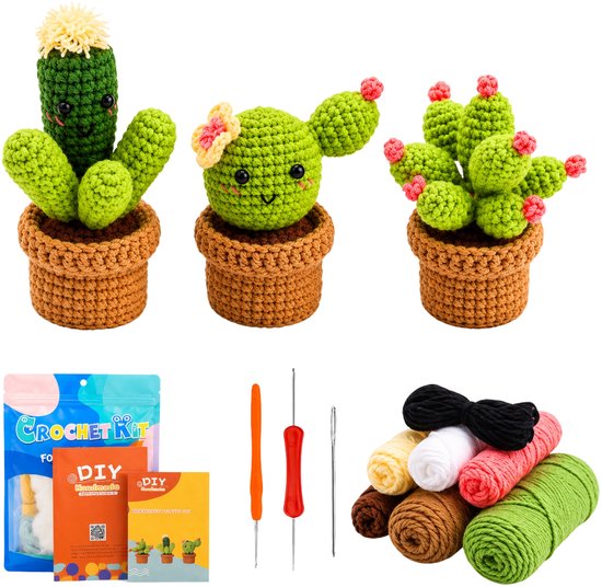 Compleet crochet pakket voor 3 cactussen, met alle benodigde materialen, instructies en videobegeleiding.