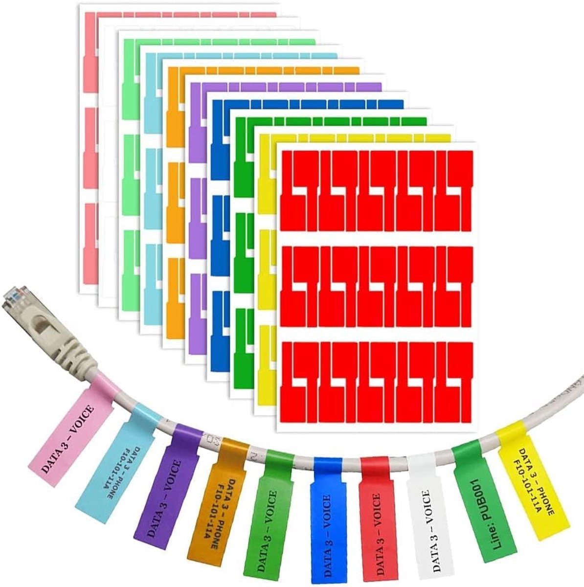 10 kabel-/elektrische identificatiestickers, zelfklevend, 300 stuks, sterke kleeflaag, waterdicht en scheurvast,Rood + Blauw + Donkergroen + Groen + Lichtblauw + Geel + Roze + Oranje + Paars + Wit