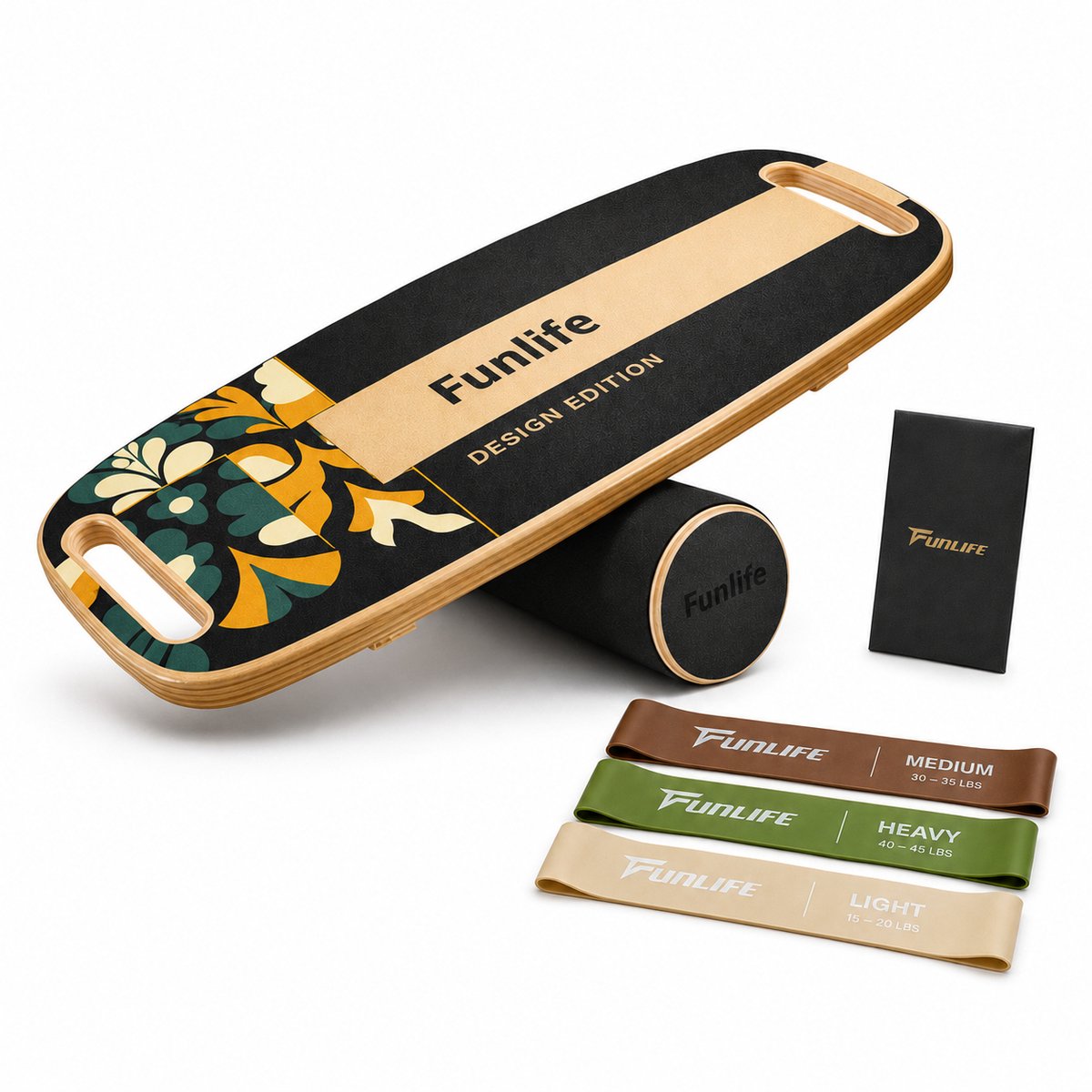 FunLife MOVE Balance Board Set met Rol en 3 Weerstandsbanden - 3-standen Houten Balancetrainer voor Core, Balans, Coördinatie en Stabiliteit