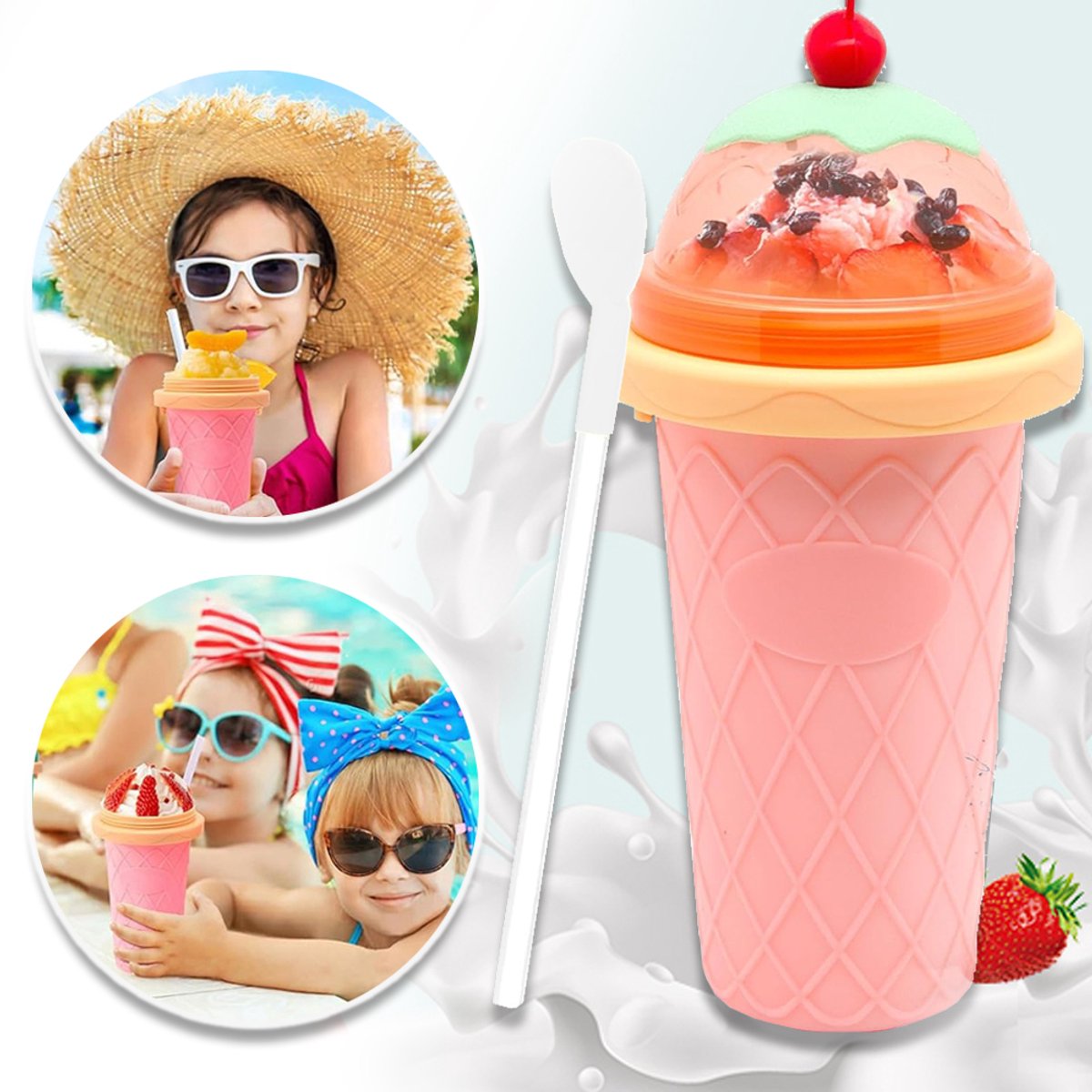 Zelfgemaakte Slushbeker Met Lepel En Rietje - Voedselveilig Siliconen BPA-Vrij Herbruikbaar - Ideaal Cadeau Voor Kinderen Voor De Start Van Het Schooljaar En De Zomervakantie - Roze