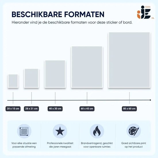 Infographic met 'BESCHIKBARE FORMATEN'. Vierkante en rechthoekige stickers van klein naar groot: 20x15, 28x21, 40x30, 60x45, 80x60 cm.