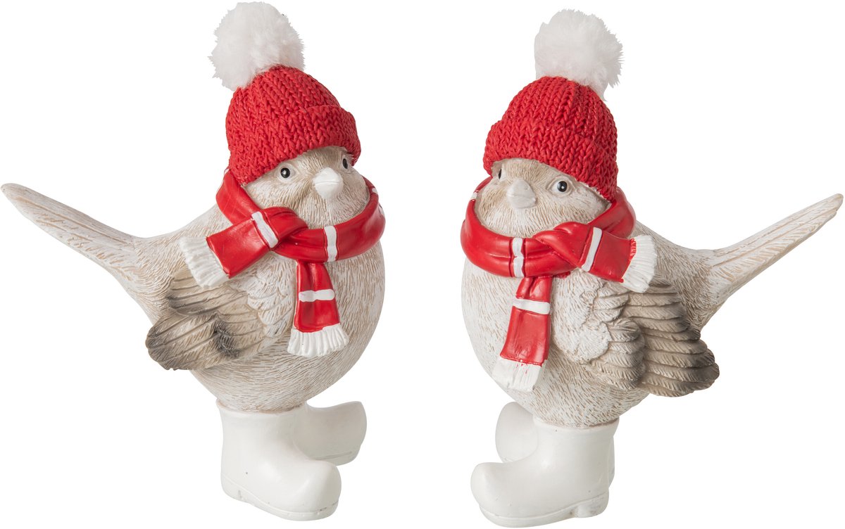 J-Line Vogel met sjaal en hoed - polyresin - kerstrood/grijs - large - assortiment van 2