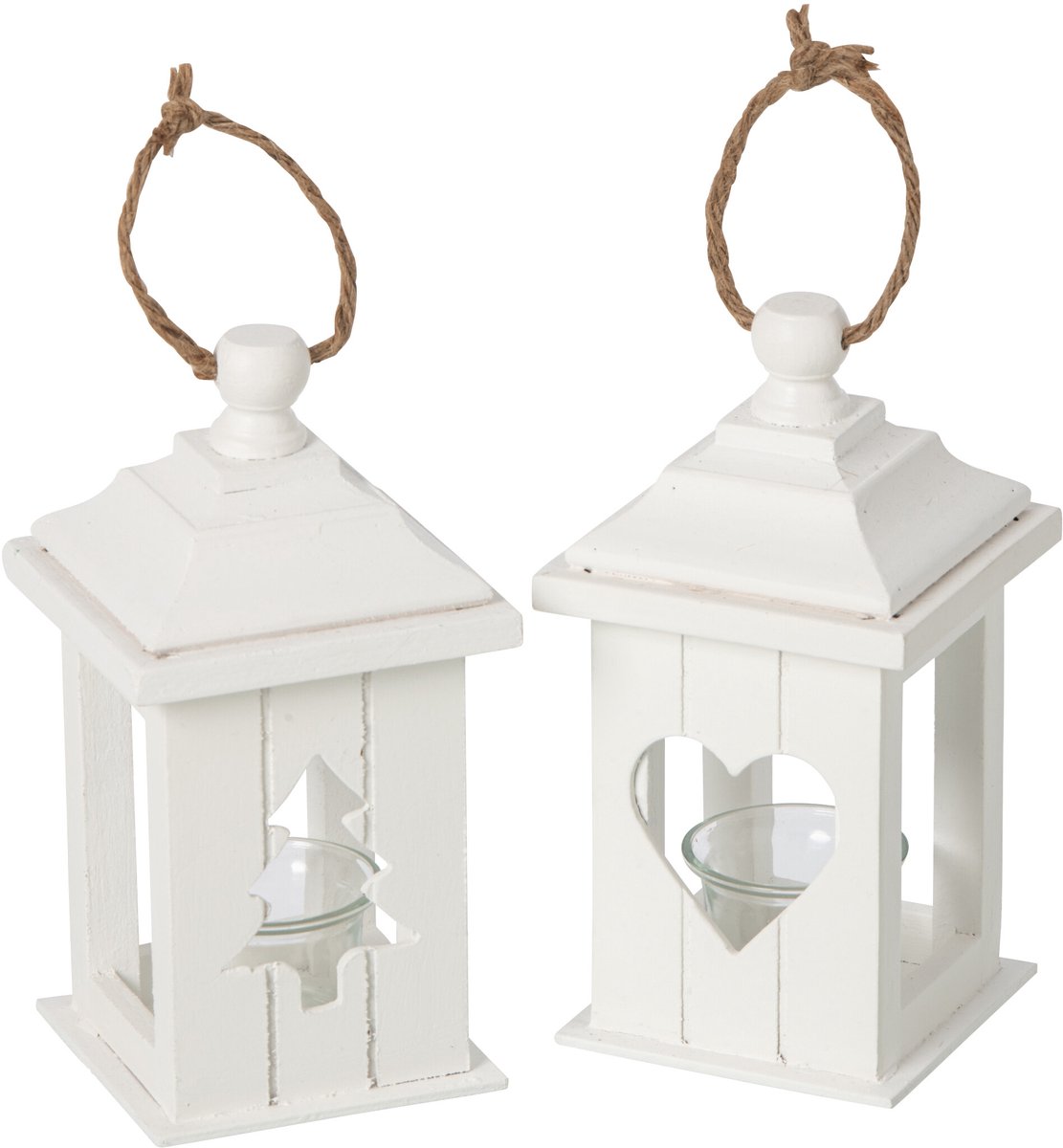 J-Line Lantaarn - dennenhout - wit - assortiment van 2