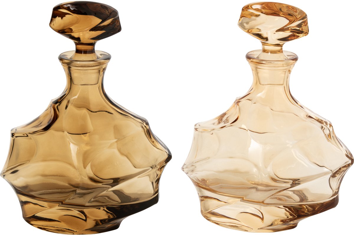 J-Line Karaf met gouden rand en reliëf - glas - oker/brons - assortiment van 2