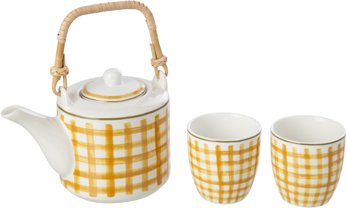 J-Line theepot + kopjes - steengoed - mosterdgeel