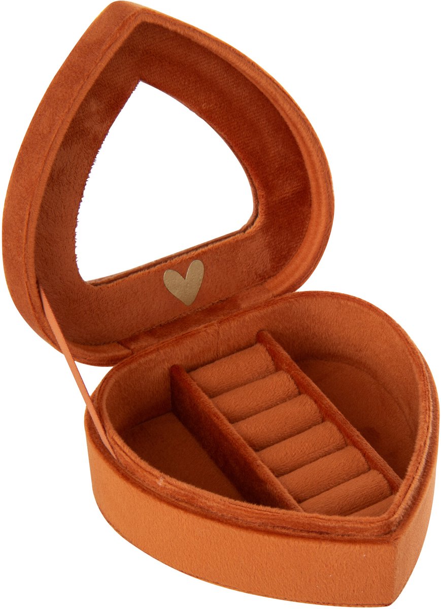 J-Line sieradendoosje Hart - fluweel - roestbruin - small