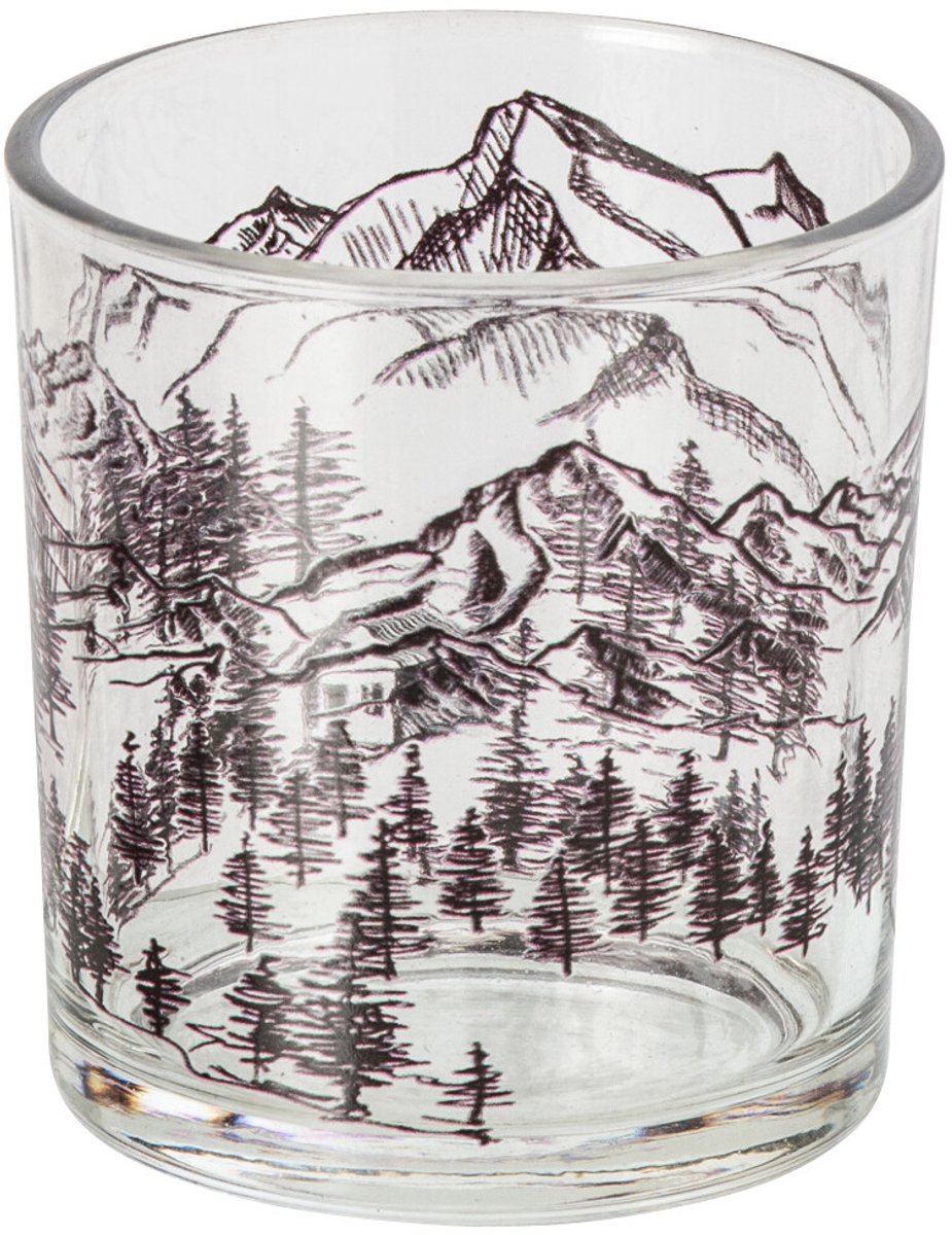 J-Line Windlicht met bergen - glas - transparant/zwart - small - set van 4