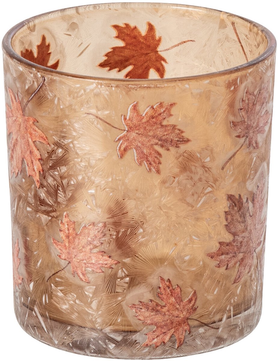 J-Line Kandelaar met bladeren - glas - abrikoos/terracotta - small - set van 4