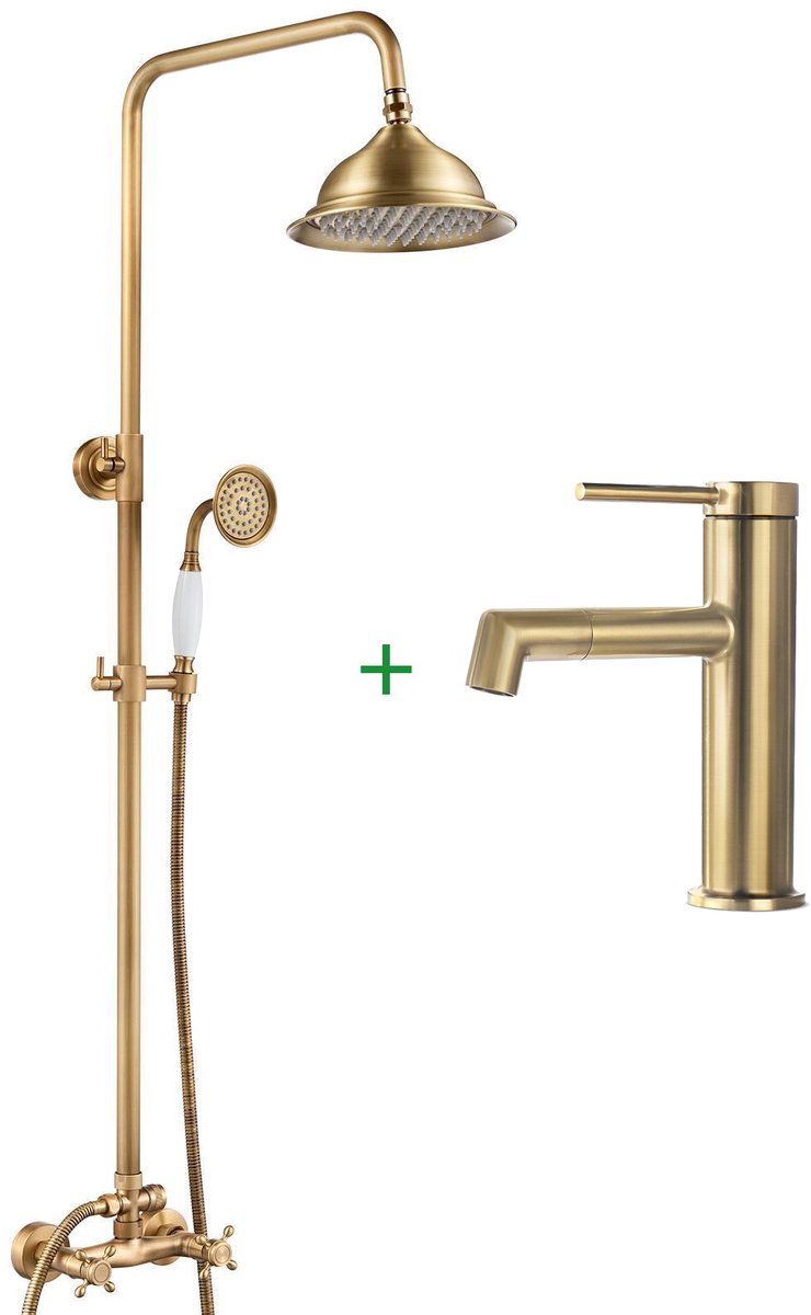 Auralum Max Regendouche - Retro Doucheset - Antiek Messing Regendoucheset - Met Wastafelkraan - Ø 20 cm - Dubbele Handgreep - Waterbesparend - Douchesysteem - Goud