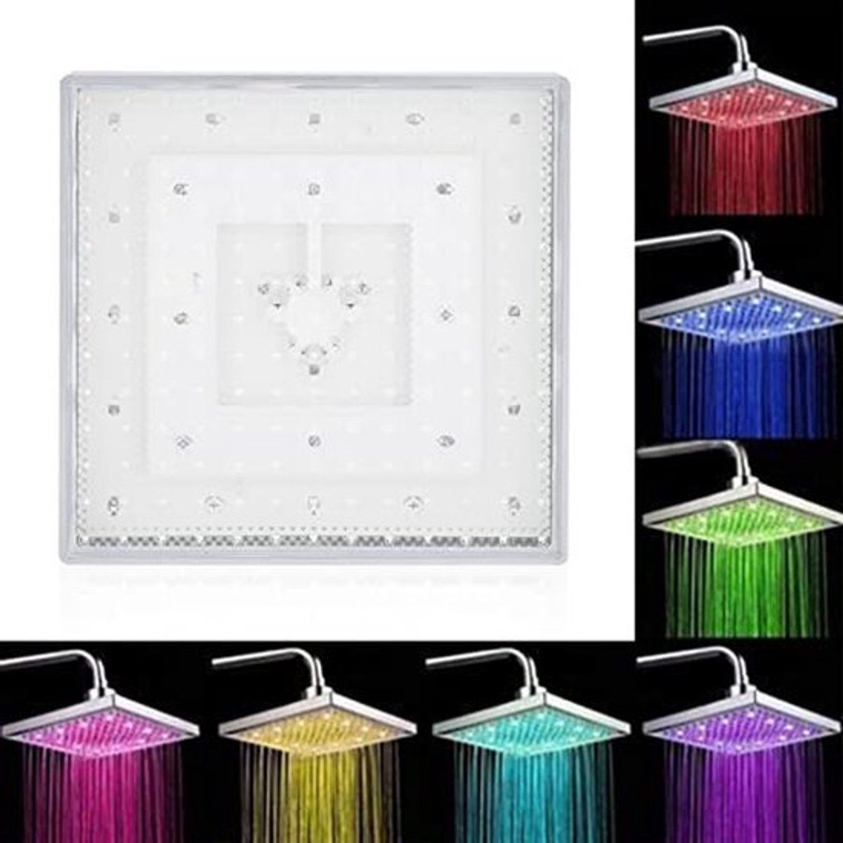 Led-douchekop - Vierkant 20 cm - Meerdere Kleuren - Regenstraal - Draaibare Aansluiting - Ideaal voor badkamer