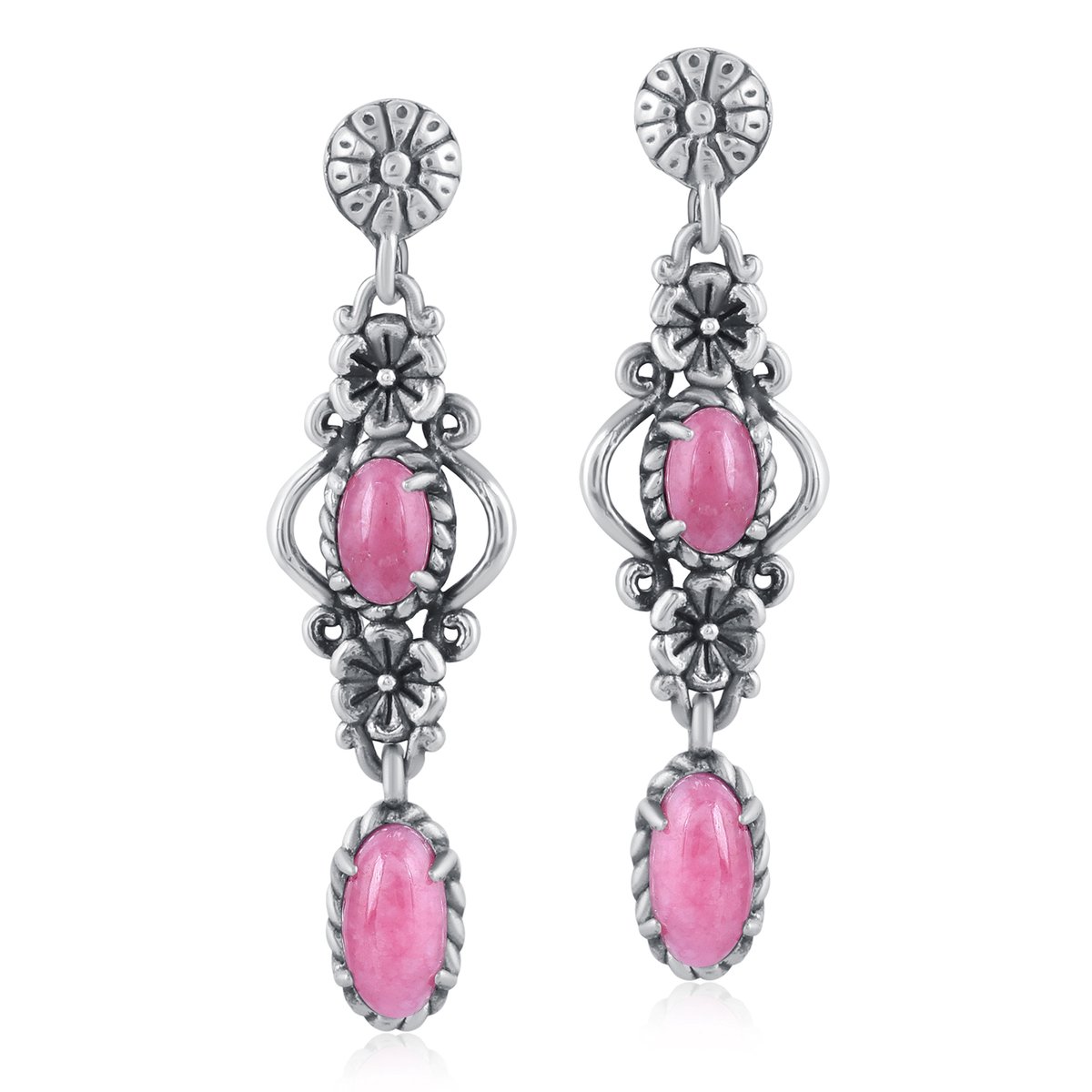 Cavill - Zilveren oorbellen 925 - Ovale Rhodoniet 3,1 ct Australisch - Filigraan bloemdesign - Stijlvolle roze edelsteen sieraden