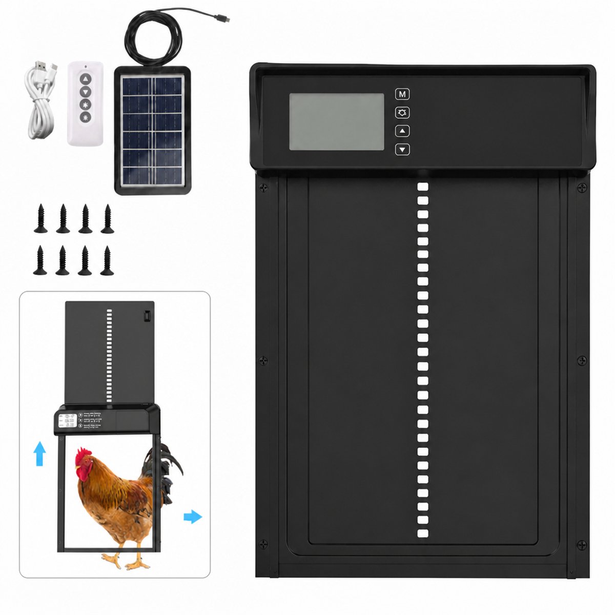 TEKROA® Kippenluik Automatisch - op Zonne-energie - Met Timer, Lichtsensor, LCD-scherm & Afstandsbediening