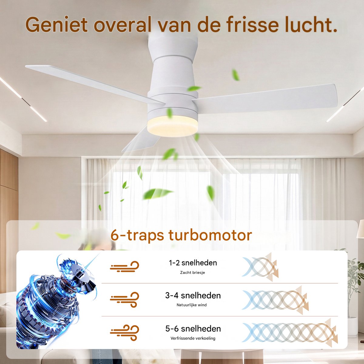 SHOPENTRA Plafondventilator met Licht 132cm Wit, Stille DC Motor, Dimbare LED, Afstandsbediening, Voor Lage Plafonds thumbnail 4