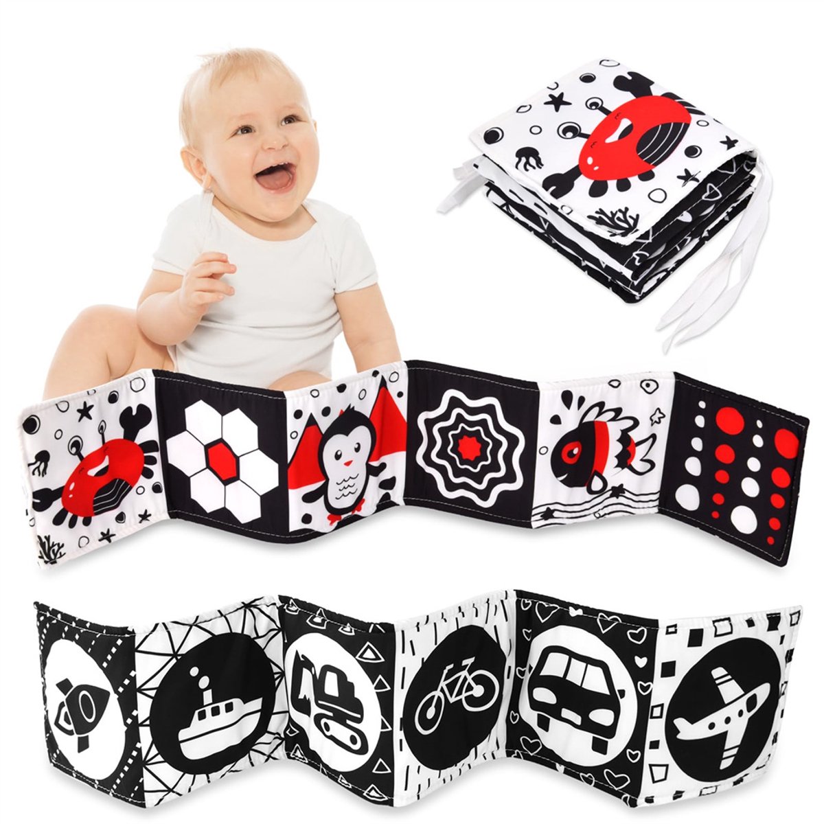 Zwart-wit babyboek, babyboek van zachte stof met hoog contrast voor pasgeborenen van 0-6-12 maanden, speelgoed voor buikligging, sensorisch speelgoed voor vroege educatie, cadeau voor jongens en meisjes, Krab Stijl