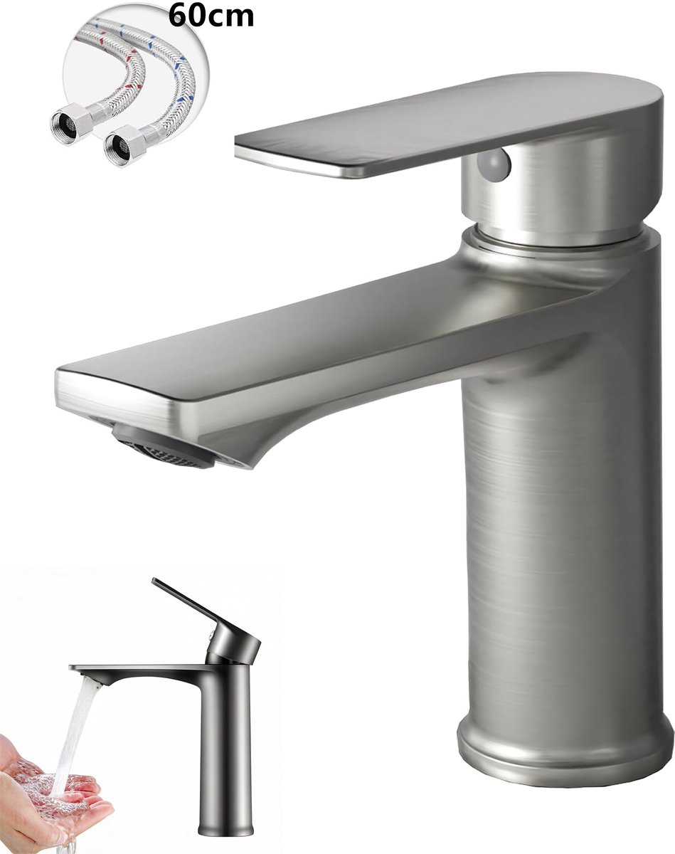 KZQ Badkraan Wastafelkraan - Eengreeps Mengkraan - Waterval - Warm Koud - Geborsteld Nikkel - Laag Model - Incl 60cm Slang