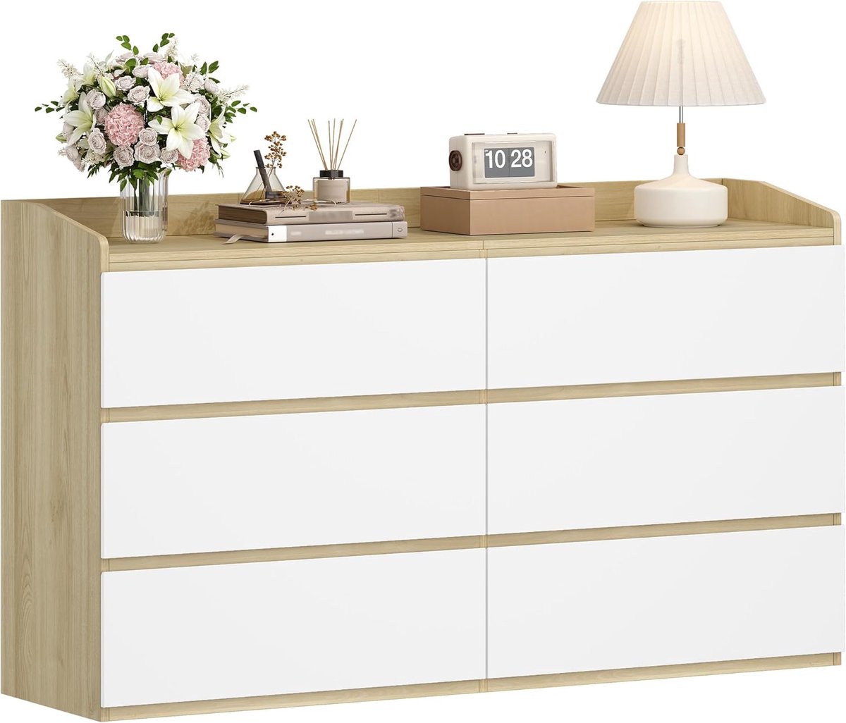 Hzuaneri ladekast met 6 lades, 40 x 138 x 84 cm, eiken-wit, bijzettafel met werkblad, locker met bovenrail, moderne stijl, geschikt voor woonkamer en slaapkamer