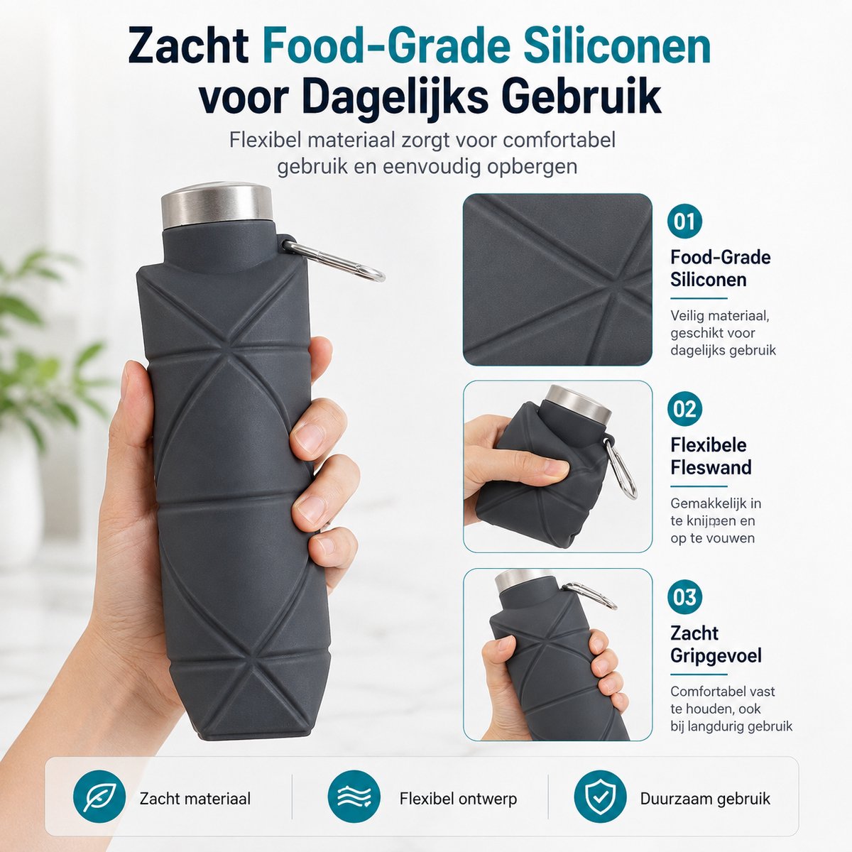 Opvouwbare Waterfles - 700 ml - Lekvrij - Siliconen - Met Karabijnhaak - Voor Fiets & Wandelen - Draagbare Vouwfles — cadeau in Sport & Outdoor - foto 6