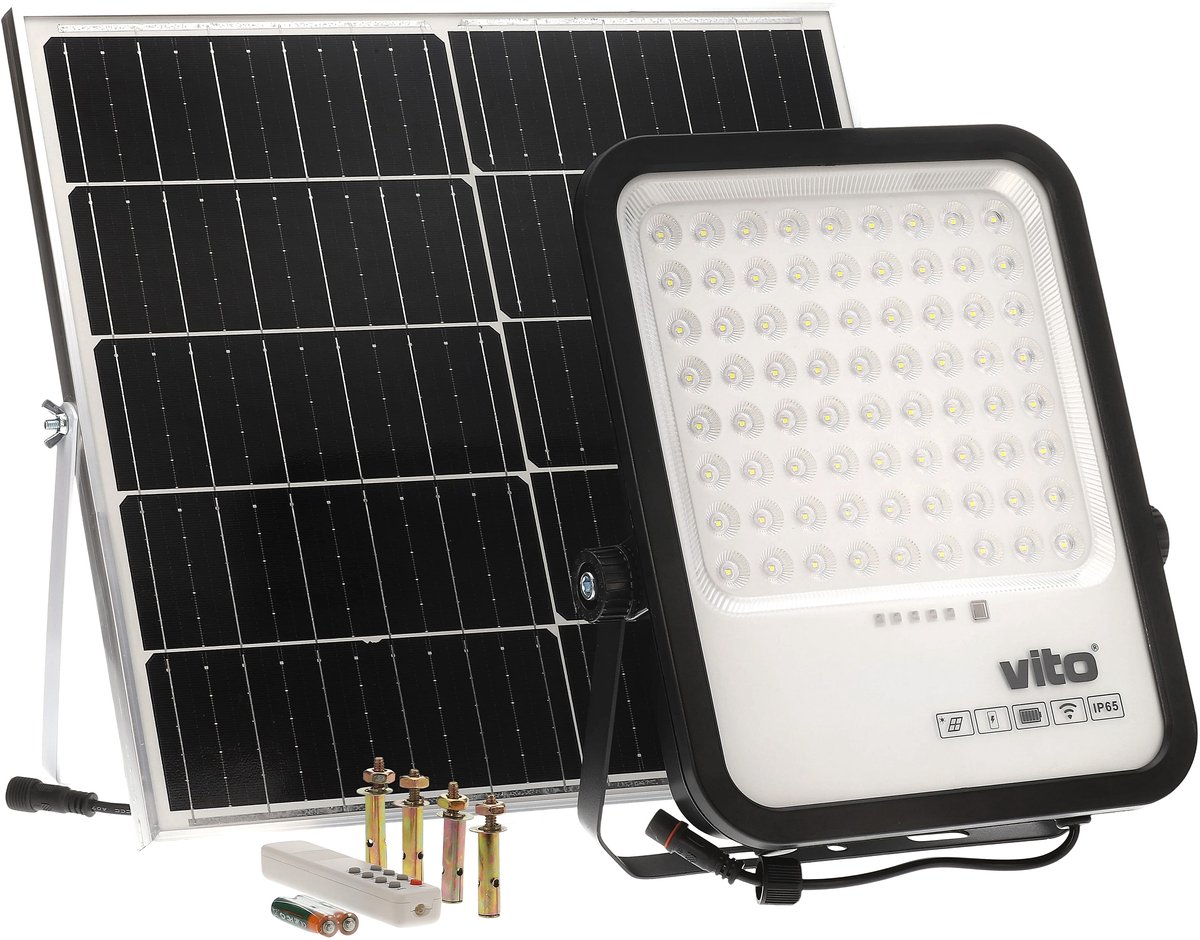 VITO Sahara - Solar led schijnwerper 300W - Fotosensor IP67 - 3300lm 6000K - 3.2V 26700mAh Accu - Zwart - 5m