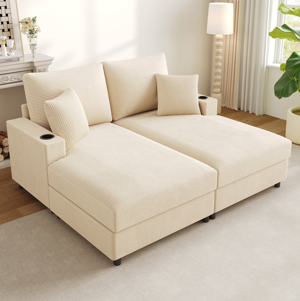 DESMIU Slaapbank 163 X 140 Cm - 2-Zits Met Slaapfunctie, Telefoonhouder, USB En Bekerhouders - Voor Woonkamer En Slaapkamer - Ribfluweel Beige