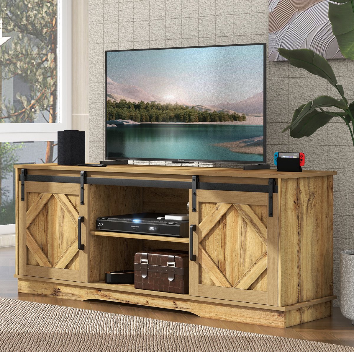 MEUNIQ TV-meubel 150 x 40 x 60 cm met 2 schuifdeuren, verstelbare planken, open vakken en opbergruimte, dressoir voor woonkamer of slaapkamer, bruin