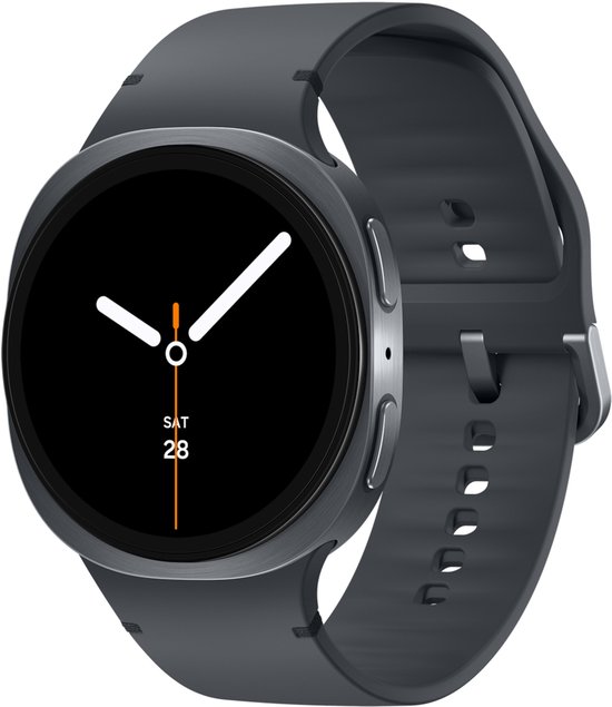 Donkergrijze smartwatch met zwart wijzerplaat. Toont 'SAT 28'.