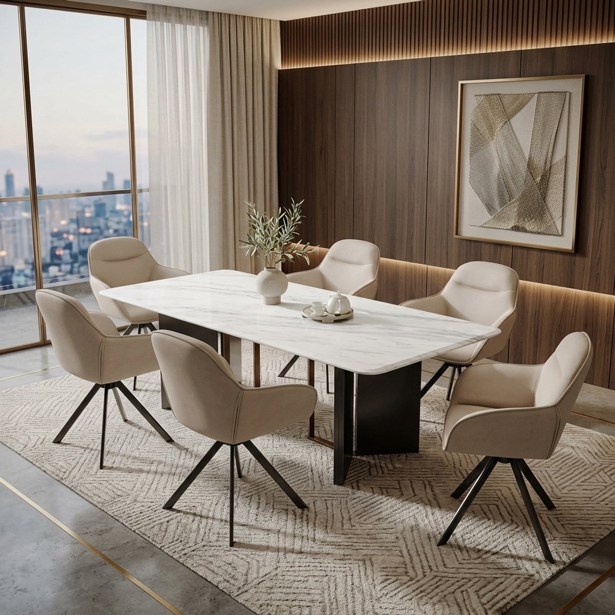 Set van 6 Draaibare Eetkamerstoelen met Armleuning – 360° Rotatie – Ergonomische Design Stoelen in Beige Linnen – Scandinavische Keukenstoelen met Metalen Poten – Belastbaar tot 150 kg – novihomestore