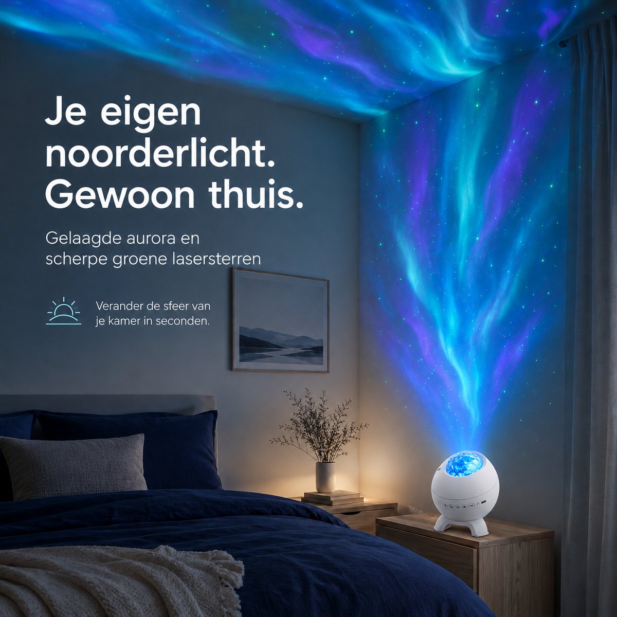 Sercano Sterrenhemel Projector – Aurora Projector met Groene Laser - 16 Kleuren - Bluetooth Speaker - 8 Geluiden & 5 Films - Timer - USB Aansluiting - voor Volwassenen Slaapkamer – foto 8
