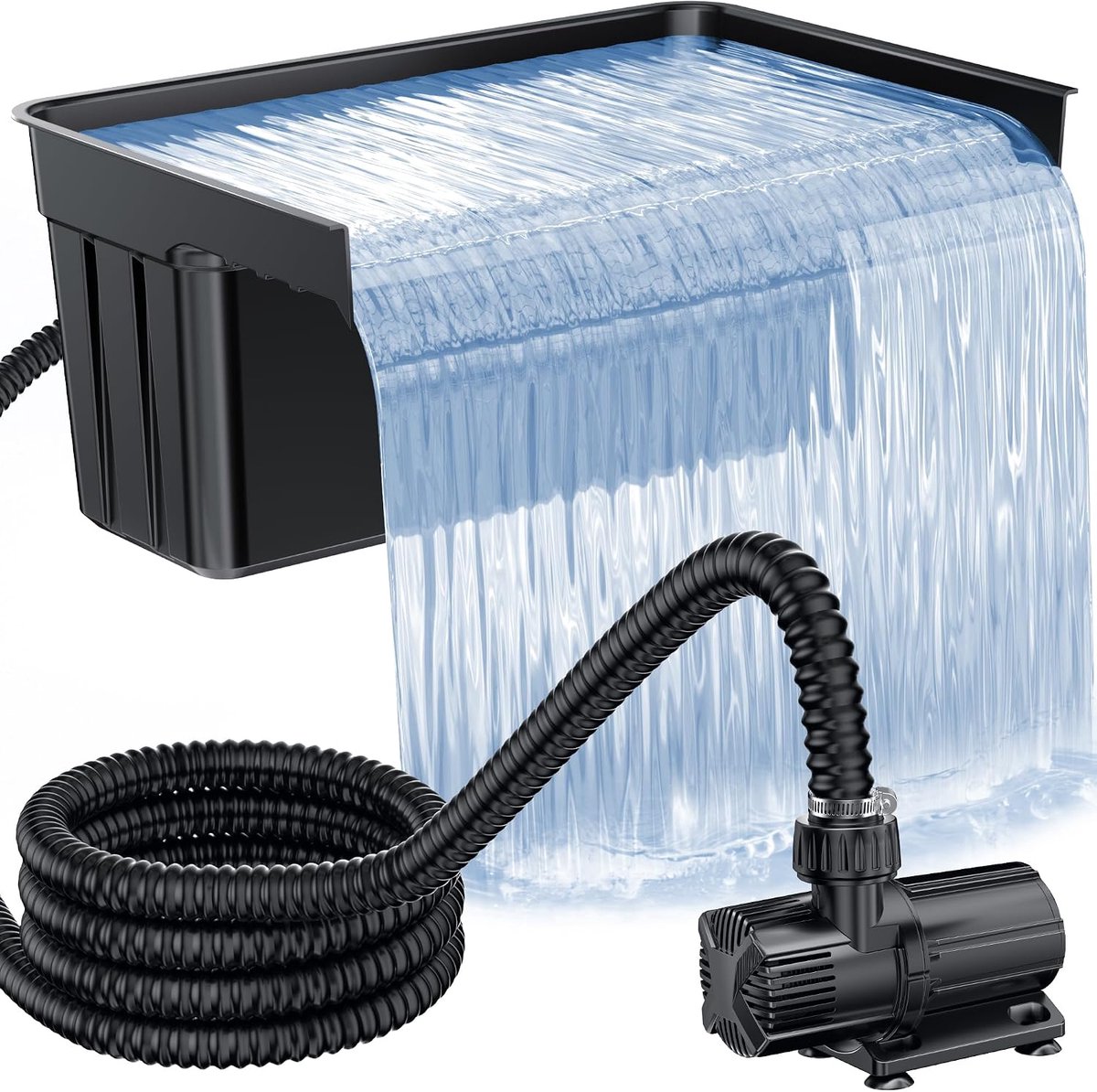 POPOSOAP Vijverwaterval met 63W DC-pomp(6000 l/u)-3 m geribbelde slang-filtermateriaal en 60 cm brede overloop-voor grote tuinvijvers en waterpartijen