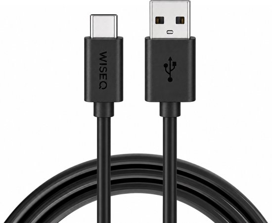 Câble noir WiseQ USB-C vers USB-A, avec un connecteur de chaque côté.