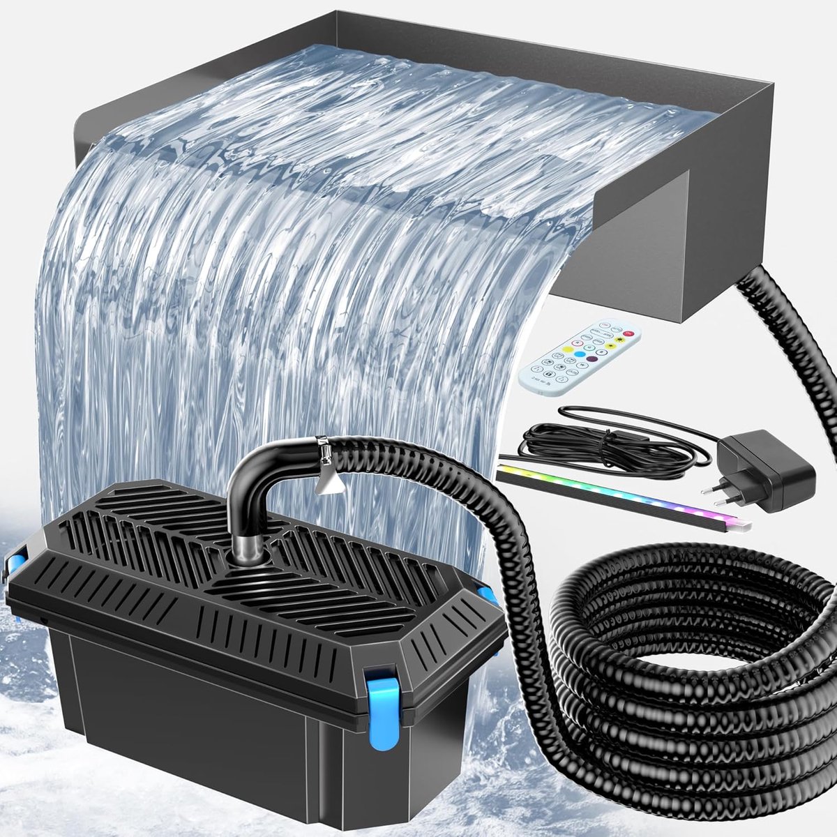 POPOSOAP 30 cm watervalset voor vijvers-overloopbak van roestvrij staal (type 304) met 3-traps filtersysteem-40W-pomp (2500 l/u)-RGB-ledverlichting-3 m slang voor tuinvijvers